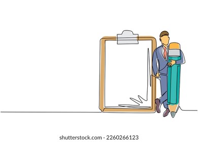 Continuous one line drawing businessman holding giant pencil looking at completed checklist on clipboard. Effective daily planning and time management. Single line draw design vector illustration