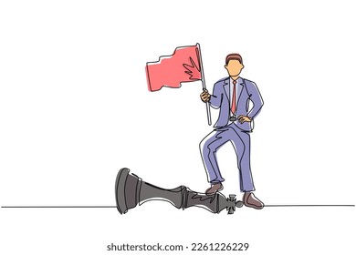 Continuous one line drawing businessman holding flag, defeat competitors in business as winning chess game. Company strategy success using powerful move for advantage. Single line draw design vector