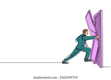 Continuous one line drawing businessman punching and destroying door. Depicts eliminating barrier of entries, overcome challenges, destroying obstacles with power force. Single line draw design vector