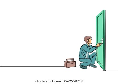 Continuous one line drawing businessman prying doorknob with screwdriver. Man repair broken handle door knob with handyman tool in tool box. Success business concept. Single line draw design vector