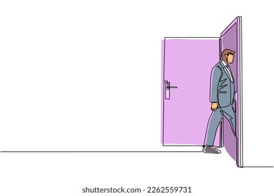 Continuous one line drawing businessman enters the room through the door. Man walking to opened door. Starting new day at office. Business concept. Single line draw design vector graphic illustration