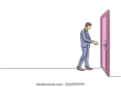 Continuous one line drawing businessman inserts the key into the keyhole which is on the door. Man opens office room door with key. Success business concept. Single line draw design vector graphic