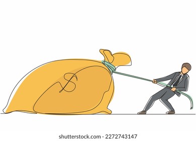 Continuous one line drawing businessman is struggling to pull big bag of money because it is too heavy. Corporate competition or business challenge. Single line draw design vector graphic illustration