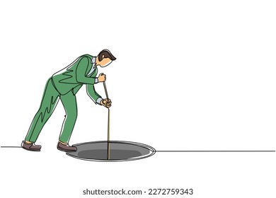 Una línea contínua que dibuja a los empresarios estiran la cuerda en el agujero. El hombre se pregunta y mira el gran agujero, el concepto de negocio en oportunidad, exploración o desafío. Vector de diseño de tracción de línea única