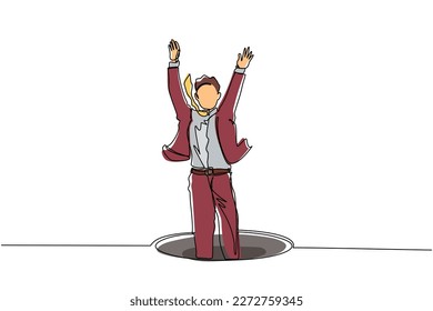 Continuous one line drawing businessman fell into manhole underground sewer. Man fell sewer hatch. Depressed and business failure concept. Metaphor. Defeat. Single line draw design vector illustration