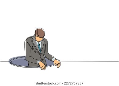 Continuous one line drawing businessman trying to get out of from hole, metaphor to facing big problem. Business struggles. Strength for success. Single line draw design vector graphic illustration