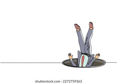 Continuous one line drawing businessman falling into pit hole. Legs up. Logo protruding legs from the hatch, puddles. Metaphor. Failure. Defeat. Single line draw design vector graphic illustration