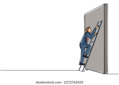 Continuous one line drawing businessman climbing up the wall with ladder. Business obstacle metaphor. Symbol for career growth, finding creative solution. Single line draw design vector illustration