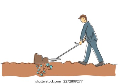 Continuous one line drawing businessman with metal detector looking for pile of diamonds. Man treasure hunter with metal detector finding precious stone. Single line draw design vector illustration