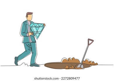 Continuous one line drawing businessman walking and holding big diamond. Happy man with precious stone. Successful business and finance concept. Single line draw design vector graphic illustration