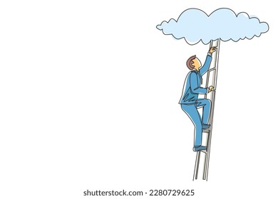 Continuous one line drawing businessman climbing up career ladder to cloud. Successful rising business development. Professional growth and promotion. Single line design vector graphic illustration