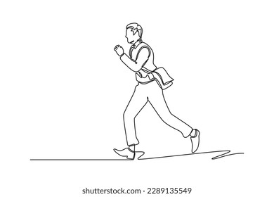 Continuo empresario de una línea que corre apurado para ir a la oficina. El concepto de actividades empresariales. Ilustración gráfica vectorial de diseño de líneas simples.