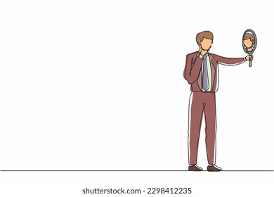 Continuous one line drawing businessman holding hand mirror  Male manager and hand mirror  Man looking at himself in mirror  Narcissism   reflection concept  Single line draw design vector graphic