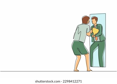 Kontinuierlich eine Linie zeichnen Geschäftsmann sieht sich selbst. Männlich vor Spiegel, Optimismus, positiv, Selbstvertrauen. Reflexionsbelohnung mit Trophäe-Tasse, Gewinner. Vektorgrafik-Einzelzeilendesign