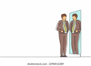 Continuous one line drawing businessman standing in front of mirror and see himself getting big belly with holding his stomach. Oversized and obesity concept. Single line draw design vector graphic
