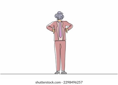 Continuous one line drawing businessman with round scribbles instead of head. Confused male manager standing and showing thumbs down sign. Disagreement, dislike. Single line draw design vector graphic