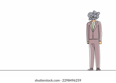Continuous one line drawing businessman with round scribbles instead of head. Frustrated man. Nervous problem, anxiety, confusion in thoughts. Mental disorder. Single line design vector graphic