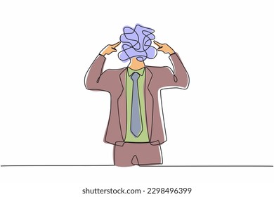 Continuous one line drawing businessman with round scribbles instead of a head. Office worker covering his ears with fingers. Person closing ear for loud noise. Single line draw design vector graphic
