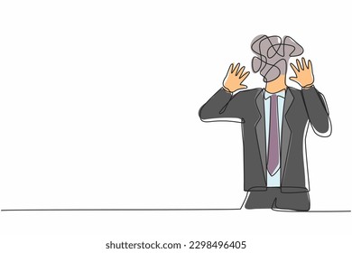 Continuous one line drawing businessman with round scribbles instead of a head. Man shocked, afraid, scared, terrified, fear expression. Stop gesture with palm hands. Single line graphic design vector