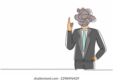Continuous one line drawing businessman with round scribbles instead of a head. Male manager representing idea, solution. Gesturing or showing index finger. Single line draw design vector illustration