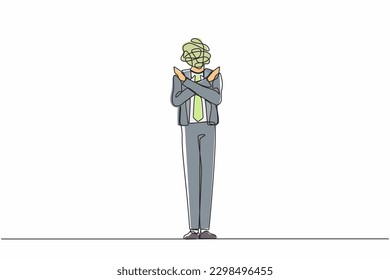 Una línea contínua que dibuja a un empresario con garabatos redondos en lugar de una cabeza. Hombre con los brazos cruzados. El gesto cruzó las manos. Detener símbolo. Signo de rechazo. Decir no. Vector de diseño de trazos de una sola línea