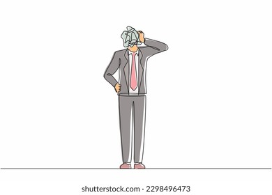 Continuous one line drawing businessman with round scribbles instead of a head. Doubting man standing and thinking, unsatisfied serious worrying human. Single line design vector graphic illustration