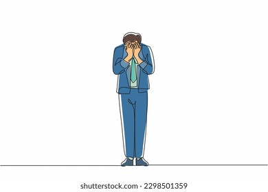 Continuous one line drawing businessman cover his face by hands and crying. Depression disorder, sad, sorrow, disappointment. Psychological therapy and treatment. Single line graphic design vector