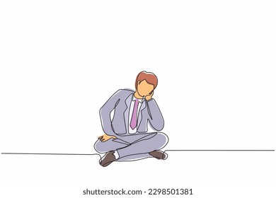 Continuous one line drawing businessman who is asking questions or is confused because he gets into problem. Running out of ideas, daydreaming, sad, depressed. Single line draw design vector graphic