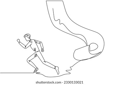 Continuous one line drawing of businessman running chased by pendulum paper rolls bills. Trying to run away from responsibility to pay off all the bills. Single line draw design vector illustration