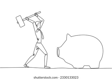 Continuous one line drawing of businessman hits big piggy bank with big hammer. Responsible for paying off all bills by taking savings. Struggle for business. Single line design vector illustration