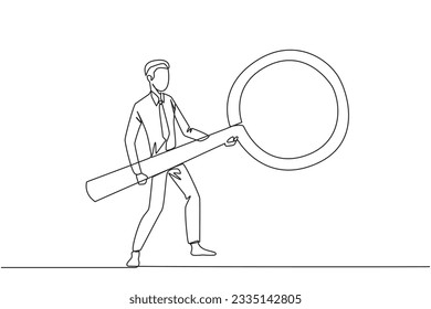 Un empresario continuo que dibuja una línea que sostiene una lupa gigante. Pareciéndose a un guitarrista, busca, analiza, encuentra todos los datos necesarios. Ilustración vectorial de diseño de líneas simples