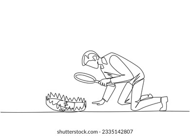 Un empresario continuo que dibujaba una línea miró hacia abajo para examinar la trampa del animal y en el medio un billete con un lupa. Trampas para los corruptos. Ilustración vectorial de tracción de línea única