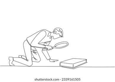 Continuous one line drawing businessman holding magnifying glass looking at book. Looking for knowledge about franchising from a scientific study book. Single line draw design vector illustration