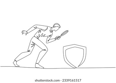 El dibujo continuo de una línea de un hombre de negocios sostiene el escudo resaltado de la lupa. Establecer varios niveles de protección para la seguridad de las transacciones comerciales. Ilustración vectorial de tracción de línea única