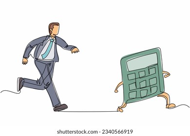 Continuous one line drawing businessman chasing calculator. Math operations, budget, analytics, data, income, finance. Calculations and economy. Single line draw design vector graphic illustration