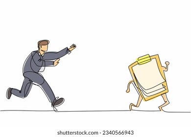 Continuous one line drawing businessman run chasing try to catch clipboard. Manager being chased by work deadlines. Running out of time. Business metaphor. Single line draw design vector illustration