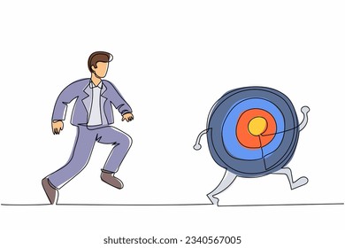 Continuous one line drawing businessman run chasing try to catch big dart target. Office worker running after his career goal. Business metaphor. Single line draw design vector graphic illustration