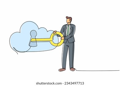 Continuous one line drawing businessman close on key in huge cloud. Cloud password lock security authentication. Online internet technology. Key cloud keyhole. Single line design vector illustration