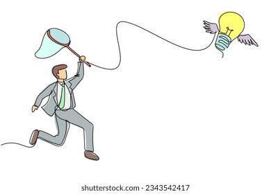 Continuous one line drawing businessman try to catching flying light bulb with butterfly net. Searching inspiration, creative idea. Business metaphor. Single line design vector graphic illustration