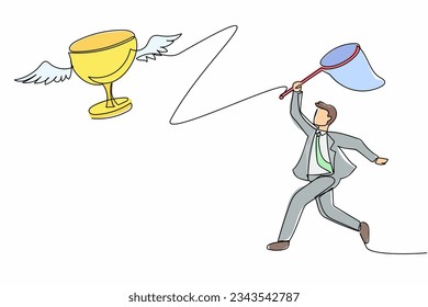 Continuous one line drawing businessman try to catching flying trophy with butterfly net. Sport game icon, logo, badge. Victory trophies and awards. Single line draw design vector graphic illustration