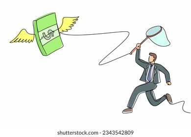 Continuous one line drawing businessman try to catching flying money stacks with butterfly net. Budget spending, bill expenses. Business financial. Single line draw design vector graphic illustration