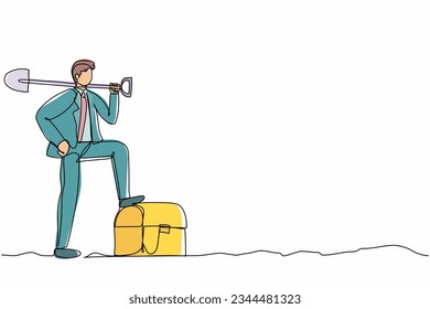 Una línea contínua dibujando al empresario cavando terreno con palas y pisando el cofre del tesoro. El negocio del éxito, los logros y el concepto de descubrimiento. ilustración vectorial de diseño de línea única