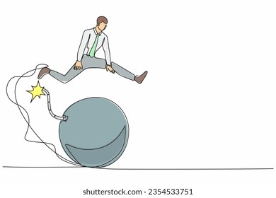 Kontinuierliche Zeichnung eines Geschäftsmannes, der über Bombe springt. Intelligente Schritte zur Antizipierung der explosiven Auswirkungen der weltweiten Wirtschafts- und Finanzkrise. Vektorgrafik-Illustration mit Einzelzeilenzeichnung