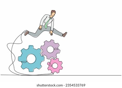 Continuous one line drawing businessman jumping over big gears. Entrepreneur creating and developing business idea twists gear. Operation management system. Single line draw design vector illustration