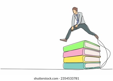 Continuous one line drawing businessman jumping over pile of big binders. Office supply, information classification, management order, document paper. Single line design vector graphic illustration