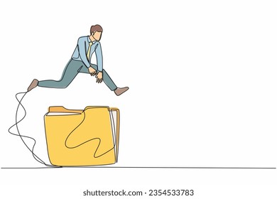 Continuous one line drawing businessman jumping over big folder icon. Office paper document and file folders. Analysing and researching creative process. Single line design vector graphic illustration