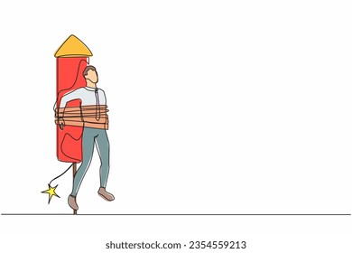 Una línea contínua que atrae a un empresario atado al lanzamiento de cohetes, sintiéndose ansioso y asustado. Temor a un desastre inminente. Concepto de fracaso profesional. Ilustración gráfica vectorial de diseño de línea única