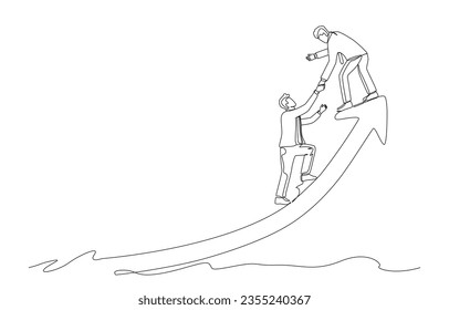 Continuous one line drawing of businessman helping colleague to climb up rising arrow, collaboration and mentorship concept, single line design vector illustration.