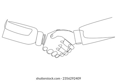 Continuous one line drawing of businessman and robot shaking hand, collaboration between human and artificial intelligence concept, single line art.