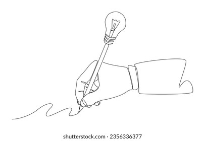 Continuous one line drawing of businessman hand holding pen with light bulb tip drawing line, creativity in work concept, single line design vector illustration.